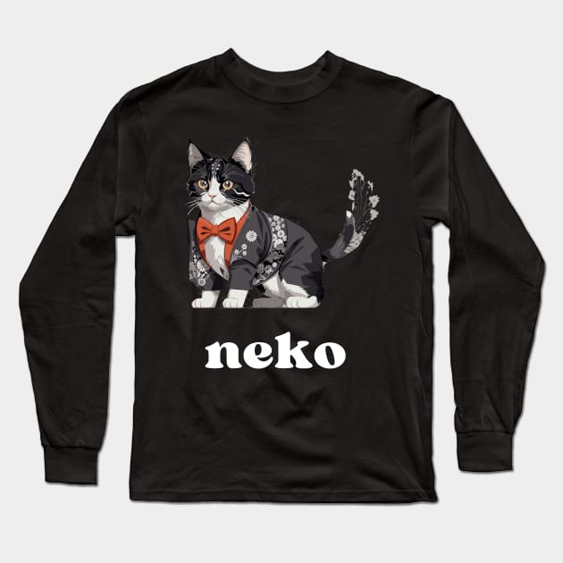 Japanese Neko Cat Long Sleeve T-Shirt by Golden Eagle Design Studio